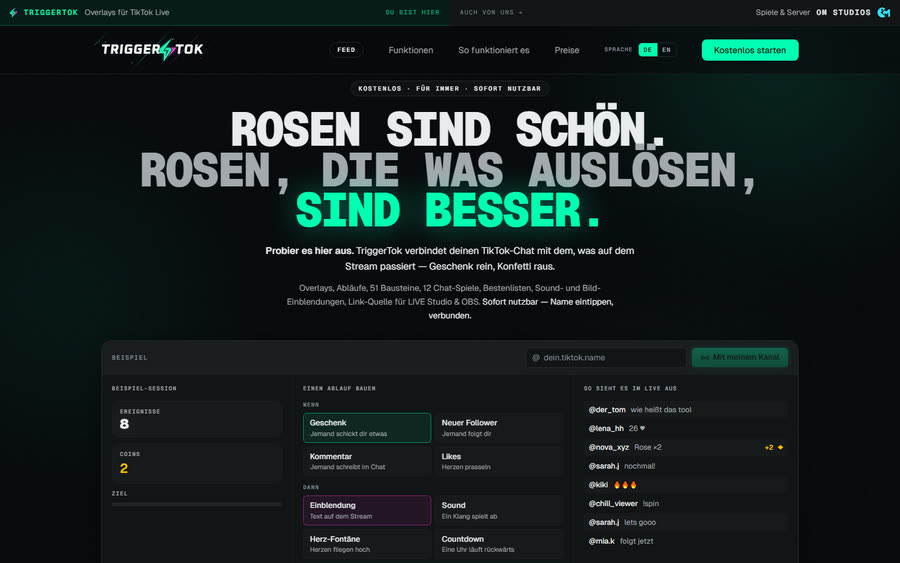 Website von TriggerTok, Overlays für TikTok Live